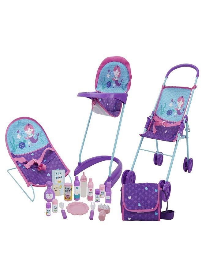 509 Crew Mermaid 19 Piece Set: Doll Travel, Feed, Sleep n Play Set - Half Folding Doll Stroller, Bouncer, Highchair, 15 Piece Accessories & Diaper Bag/Handbag, Kids Pretend Play Ages 3+ (T820028) - Image 1