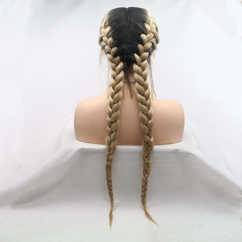 Melody Wig Melody Synthetic Lace Front Braid Wigs Ombre Blonde Double Braid With Dark Roots Heat Resistant Fiber Baby Hair Wigs with Human Weaving - Image 2