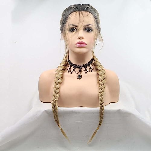 Melody Wig Melody Synthetic Lace Front Braid Wigs Ombre Blonde Double Braid With Dark Roots Heat Resistant Fiber Baby Hair Wigs with Human Weaving - Image 3
