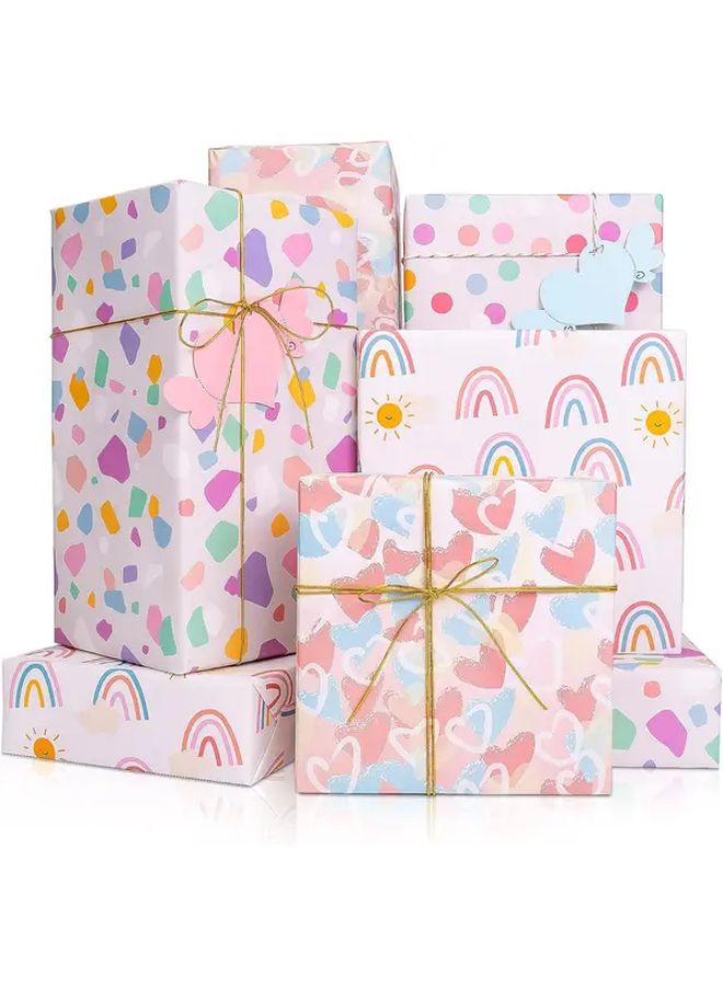 4 Sheets Birthday Wrapping Paper With Gift Tags Multi 4 Styles Pastel Rainbow Polka Dots Hearts Pink Blue Lavender Gift Wrap 27 5x19 6 Inch Roll Out Sheets For Baby Showers Valentines Weddings Party Supplies - Image 1