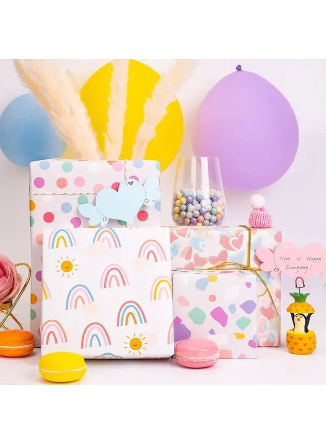 4 Sheets Birthday Wrapping Paper With Gift Tags Multi 4 Styles Pastel Rainbow Polka Dots Hearts Pink Blue Lavender Gift Wrap 27 5x19 6 Inch Roll Out Sheets For Baby Showers Valentines Weddings Party Supplies - Image 4