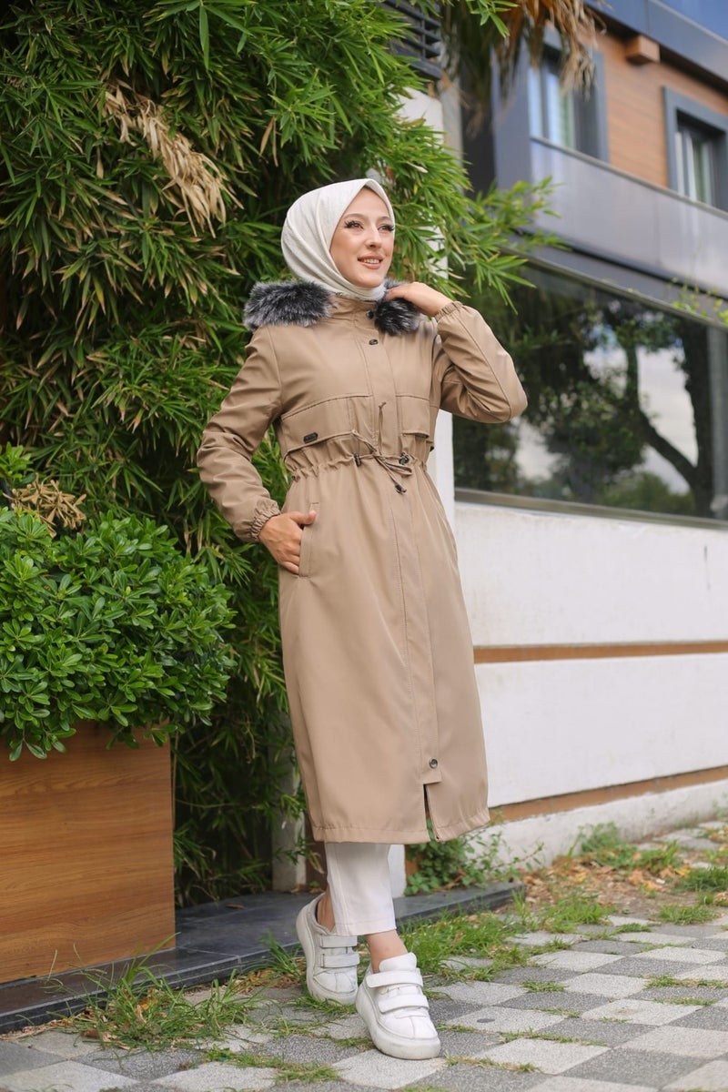 Vibeys Collection Beige Fur Lined and Waterproof Women's Winter Coat & Jacket - Image 1