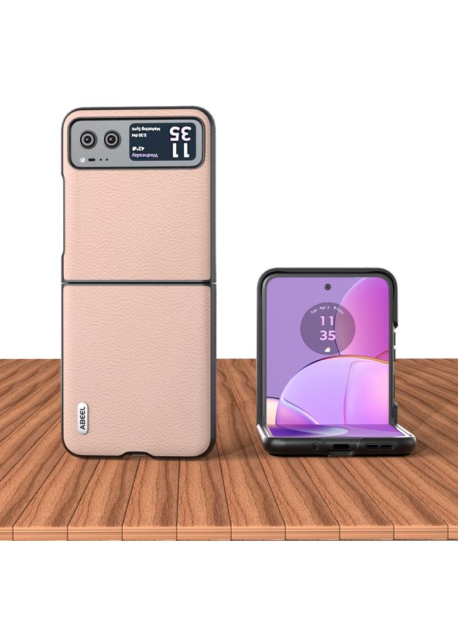 اس-توب جراب لهاتف Motorola Razr 40 من ABEEL مصنوع من الجلد الطبيعي + PC بنسيج الليتشي - Image 1