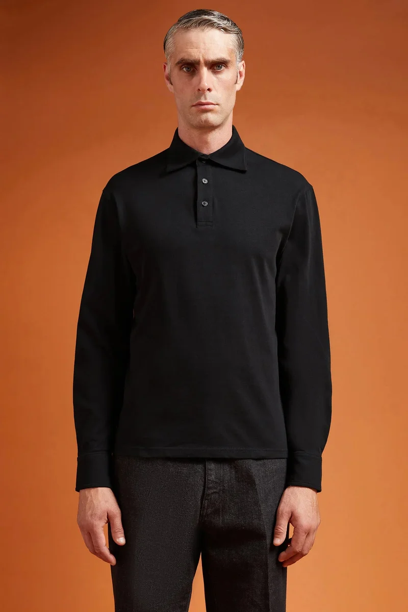 Men's long-sleeved 100% cotton polo - Forest Green
