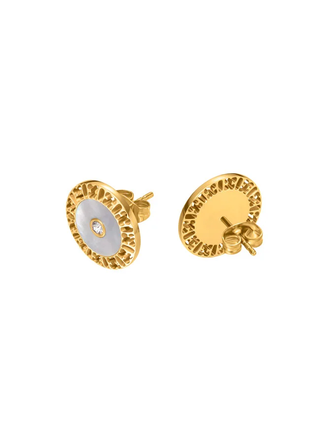 ESCADA Naomi Earrings for Women Circular Mother-of-Pearl Studs, Crystal Accents, Bold and Graceful Sophistication