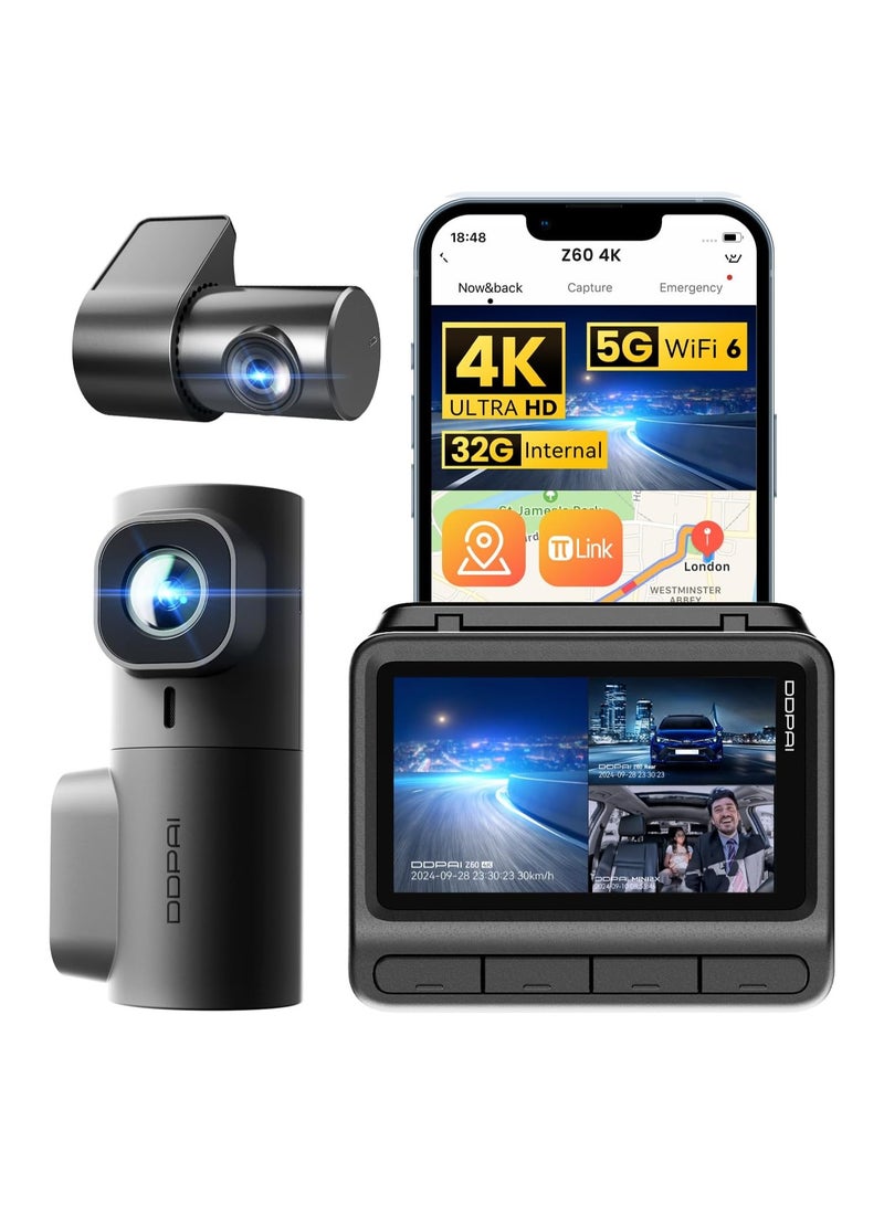 DDPAI 3 Channel Dash Cam for Cars, 4K+2K+1080P Dashcam, up to 15MB/s 5GHz WiFi6 Car Dash Camera with GPS, 32G eMMC, Night Vision AOV 20 Days Parking Monitor ADAS G-Sensor Max Support 512G, Z60 πLink - Image 1