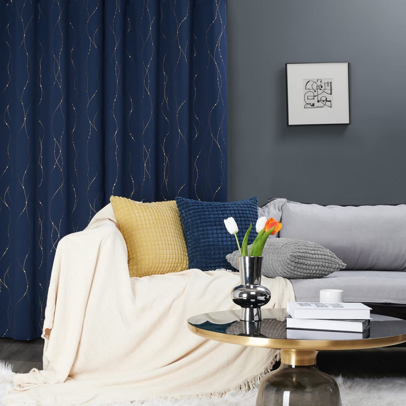 Deconovo Navy Curtains for Samll Window - Room Darkening Blackout Drapes for Bedroom  Gold Wave Line and Dots Curtains (42W x 45L Inch  Navy Blue  2 Panels) - Image 3