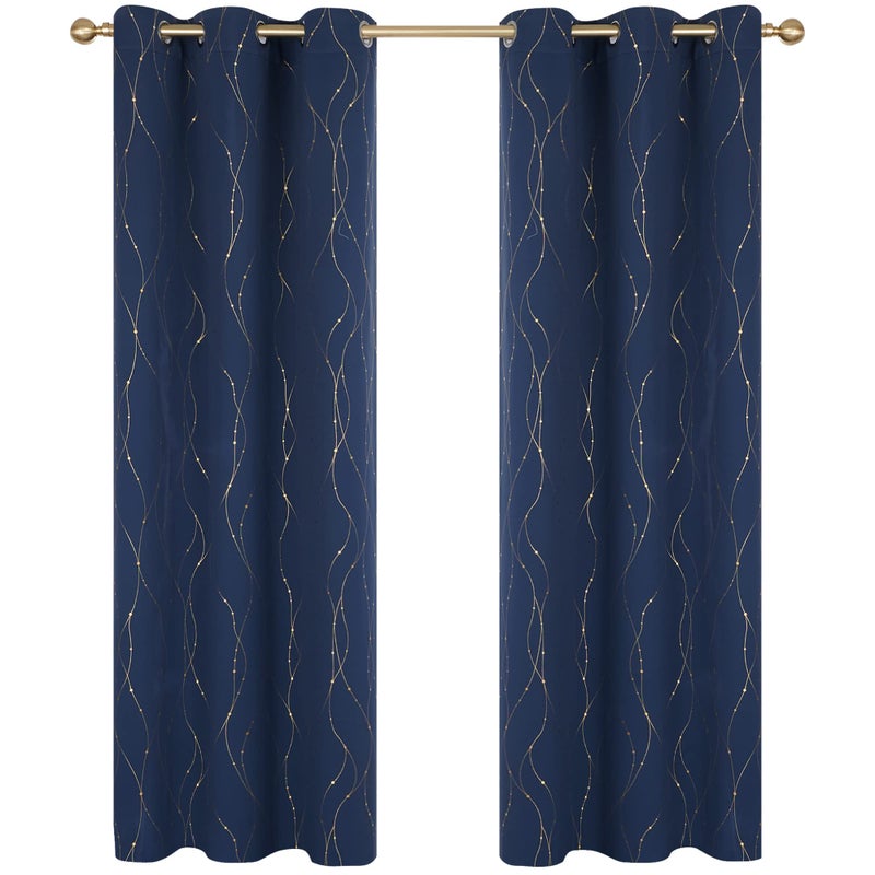 Deconovo Navy Curtains for Samll Window - Room Darkening Blackout Drapes for Bedroom  Gold Wave Line and Dots Curtains (42W x 45L Inch  Navy Blue  2 Panels) - Image 2