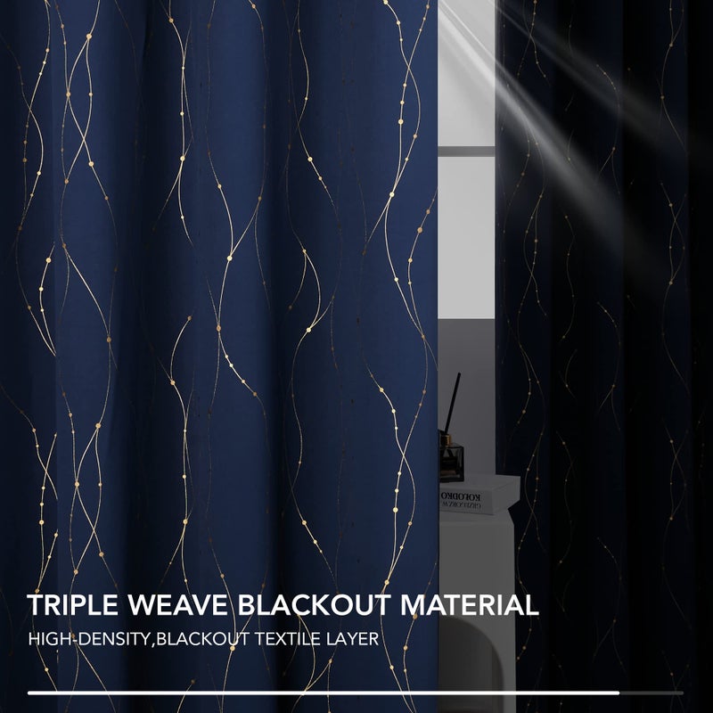 Deconovo Navy Curtains for Samll Window - Room Darkening Blackout Drapes for Bedroom  Gold Wave Line and Dots Curtains (42W x 45L Inch  Navy Blue  2 Panels) - Image 5