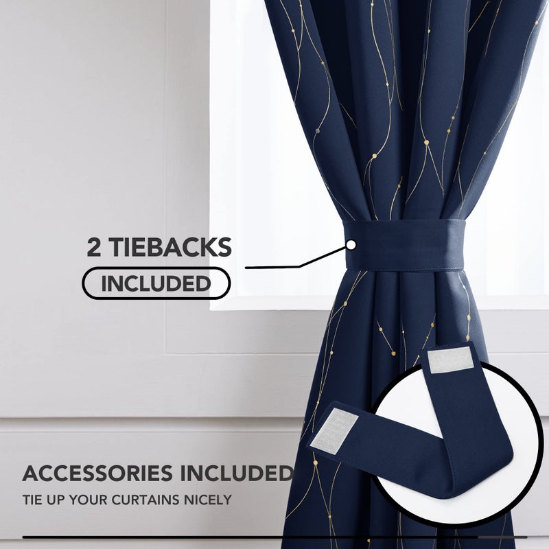 Deconovo Navy Curtains for Samll Window - Room Darkening Blackout Drapes for Bedroom  Gold Wave Line and Dots Curtains (42W x 45L Inch  Navy Blue  2 Panels) - Image 4