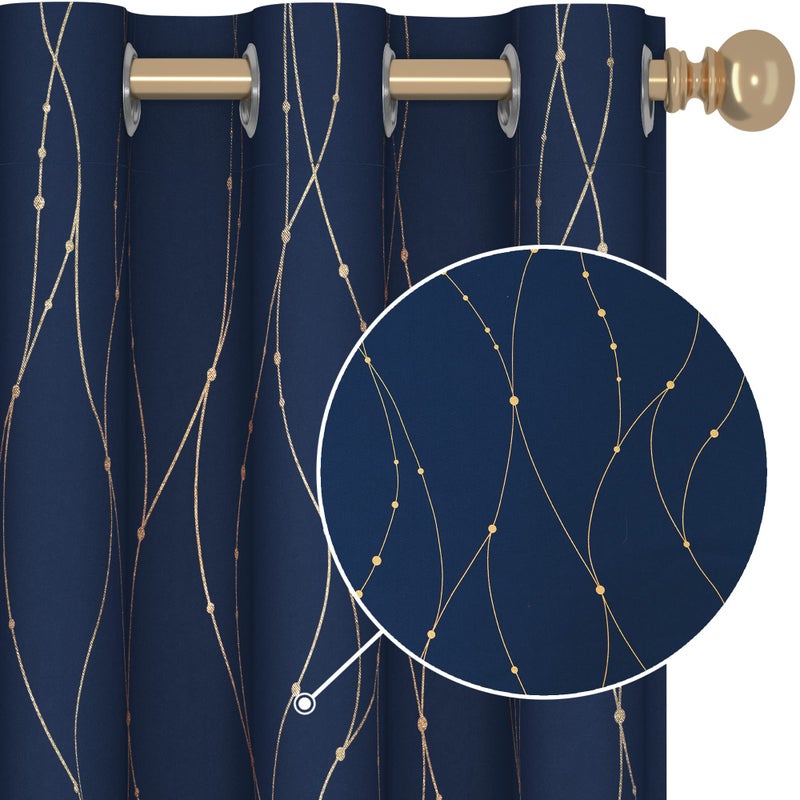 Deconovo Navy Curtains for Samll Window - Room Darkening Blackout Drapes for Bedroom  Gold Wave Line and Dots Curtains (42W x 45L Inch  Navy Blue  2 Panels) - Image 1