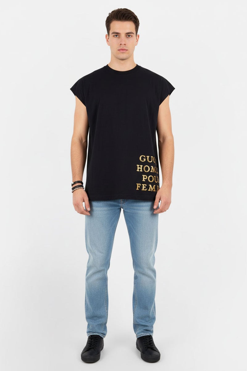GUCCI Men Crew Neck Cap Sleeves Graphic T-Shirt, Black - Image 2