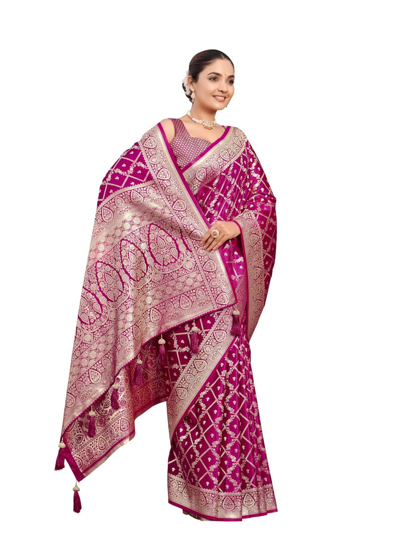 MANOHARI Women's Most Trendy Banarasi Satin Silk Woven Pink Saree With Heavy Jacquard Work Saree With Blouse Piece_MN1998 - Image 1