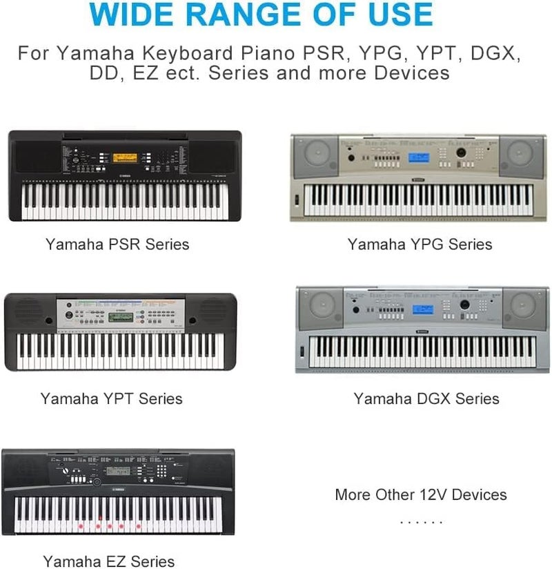 Foxmicro شاحن محول طاقة 12 فولت متوافق مع لوحة مفاتيح ياماها EZ-220 NP12 NP32 NP-32 P45 P125 P-125 PSR-175 PSR-E363 E373 E463 F51 YPT260، PA-3B PA-3C PA-130B PA-150B، أسود - Image 1
