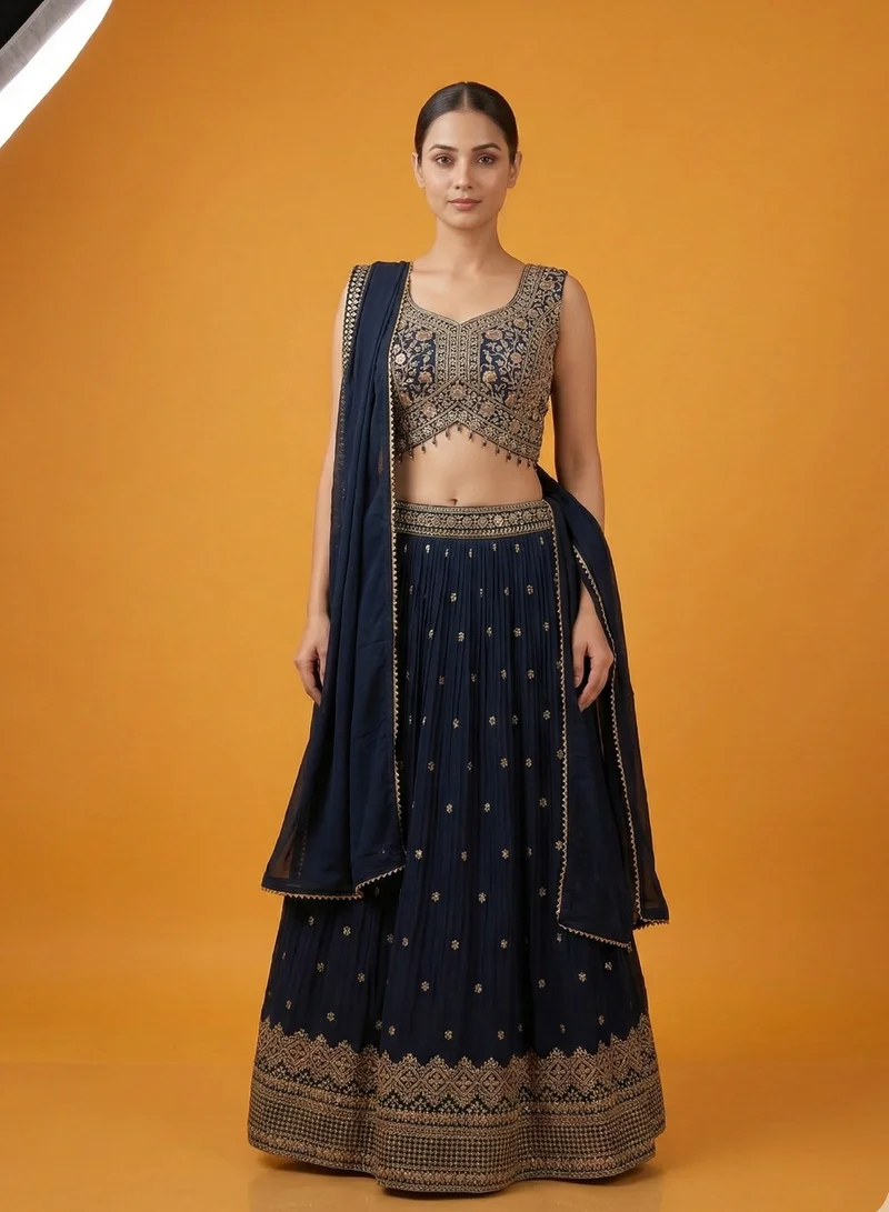 Lehar Green Pleated Lehenga Choli Set with Dupatta