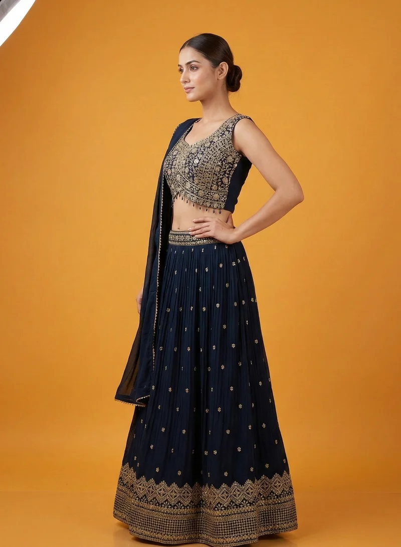 Lehar Green Pleated Lehenga Choli Set with Dupatta