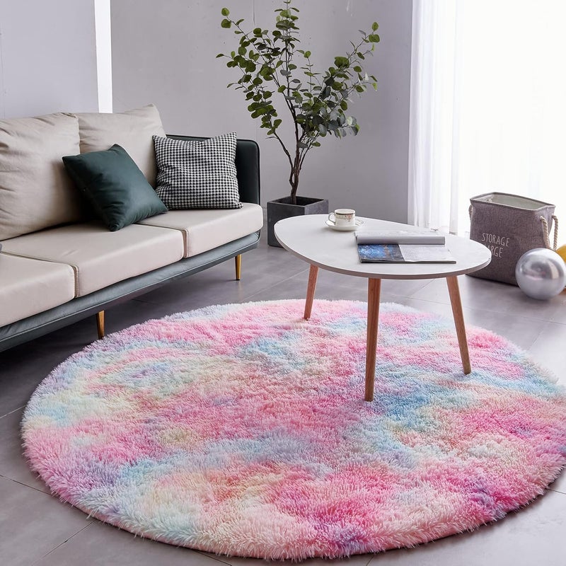 FJZFING Rainbow Round Rug Ultra-Soft Plush Modern 6x6 Circle Area Rug for Kid's Bedroom, Fluffy Shag Circular Rug for Nursery Room, Non-Slip Home Decor Colorful Carpet for Teen's Room - Image 3