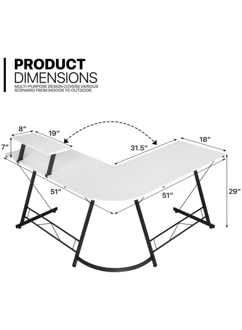 OHAHO L-Shaped Desk Computer Corner Desk, L Shaped Home Office Desk, Large Gaming Desk Sturdy Writing Desk Writing Workstation, Simple Modern Gaming Desk (White, 51inch) - Image 3