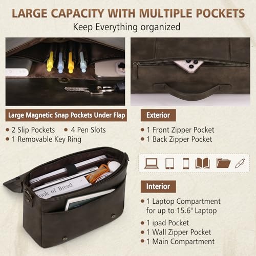 RAINSMORE Leather Messenger Bag for Men 15.6 Inch Laptop Bag Vintage Briefcase Large Computer Bag Satchel Shoulder Bag For College, Work, Business, Office, Wood - Image 3