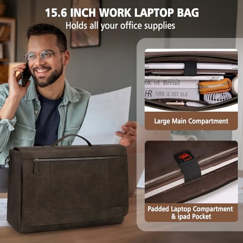 RAINSMORE Leather Messenger Bag for Men 15.6 Inch Laptop Bag Vintage Briefcase Large Computer Bag Satchel Shoulder Bag For College, Work, Business, Office, Wood - Image 4