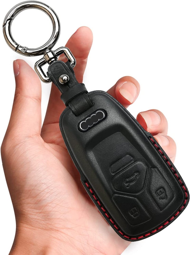 Tukellen for Audi Key Fob Cover Genuine Leather with Keychain,Leather Key Case Protector Compatible Audi A4 Q7 Q5 TT A3 A6 SQ5 R8 S5 Smart Key-Black (Red Line) - Image 1