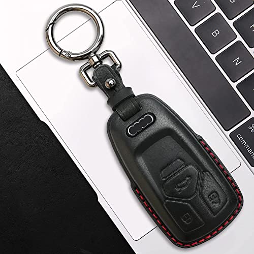 Tukellen for Audi Key Fob Cover Genuine Leather with Keychain,Leather Key Case Protector Compatible Audi A4 Q7 Q5 TT A3 A6 SQ5 R8 S5 Smart Key-Black (Red Line) - Image 4