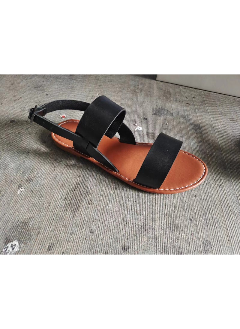 Generic - Vintage Flat Bottom Buckle Womens Sandals One-row Strap Beach Slippers Wish Source Rubber Upper Material Black - Image 1