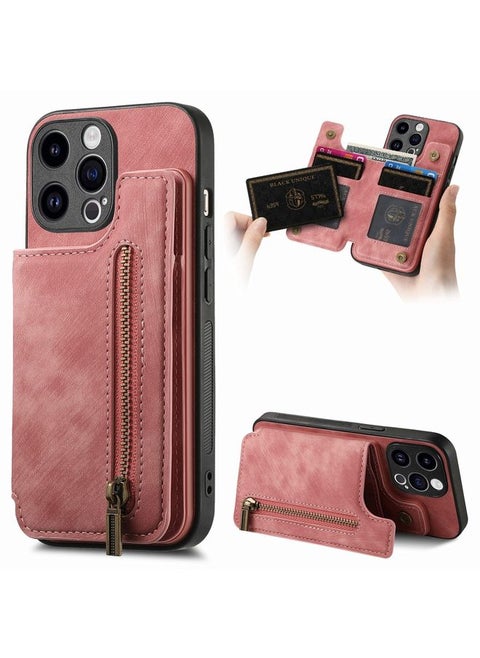 Case Cover For iPhone 13 Pro Max Retro Leather Zipper Wallet Back Phone Case Pink