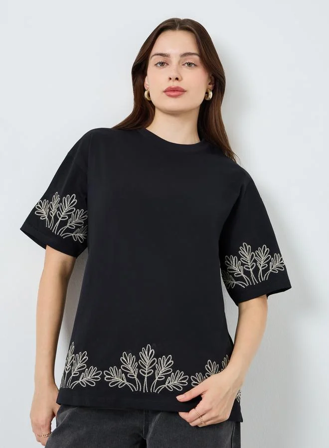 Styli Women Black Embroidered Oversized T-Shirt