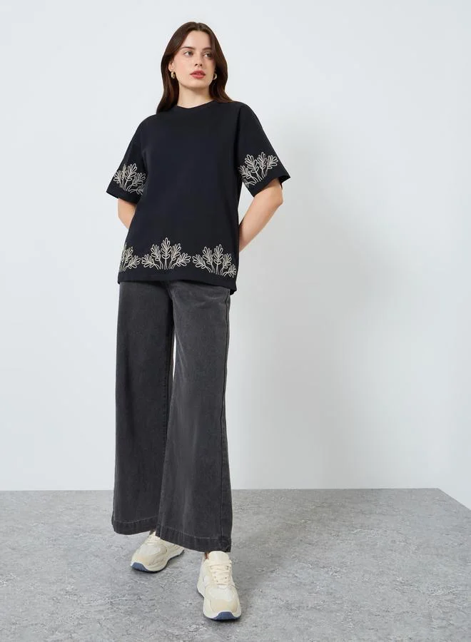 Styli Women Black Embroidered Oversized T-Shirt