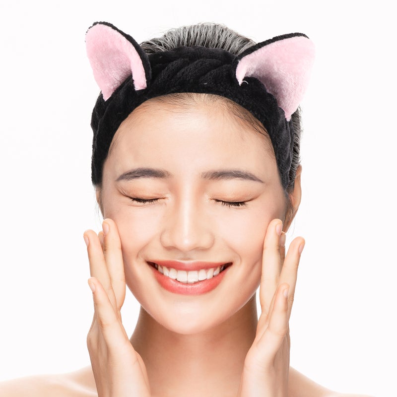 2pcs Cute Headband Cat Ears Headband Plush Face Washing Makeup Accessories Black - Image 3