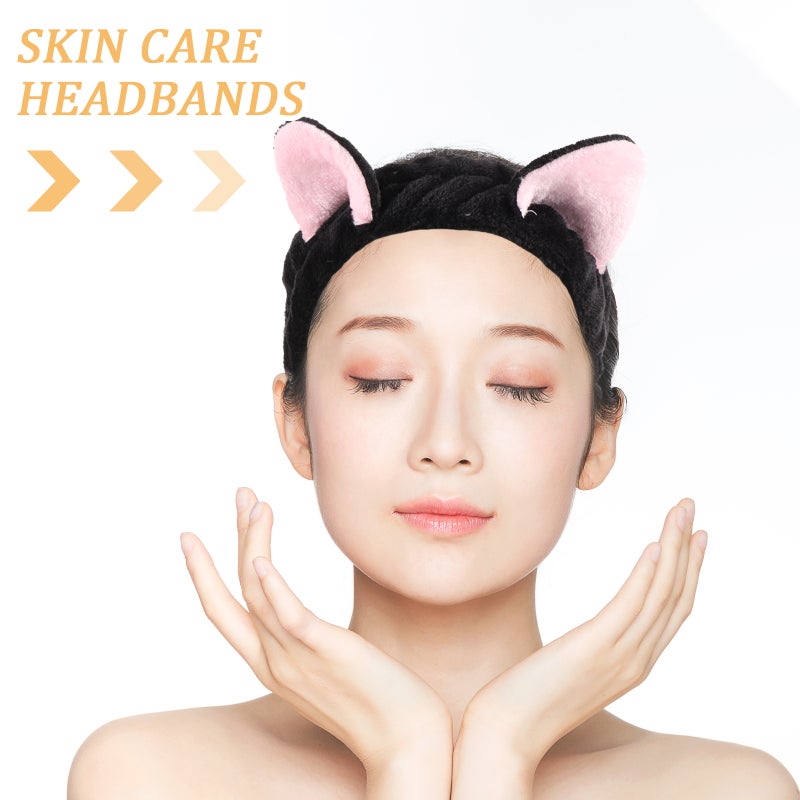 2pcs Cute Headband Cat Ears Headband Plush Face Washing Makeup Accessories Black - Image 2
