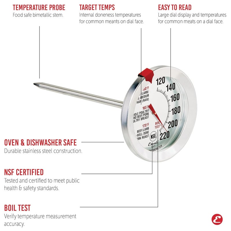 Escali AH1 Stainless Steel Oven Safe Meat Thermometer, Extra Large 2.5-inches Dial, Temperature Labeled for Beef, Poultry, Pork, and Veal Silver NSF Certified - Image 3