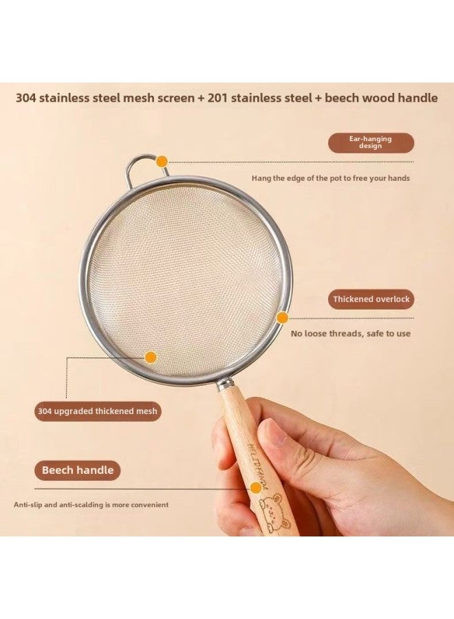 304 Stainless Steel Food Grade Colander Filter Net Spoon Short Handle Small Size Juice Baking Small Size Flour Sieve Style-Specifications:7cm Wooden Handle-Color:Brown  - Image 1