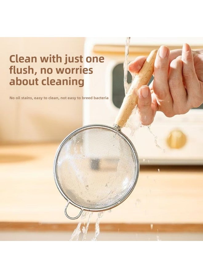 304 Stainless Steel Food Grade Colander Filter Net Spoon Short Handle Small Size Juice Baking Small Size Flour Sieve Style-Specifications:7cm Wooden Handle-Color:Brown  - Image 3