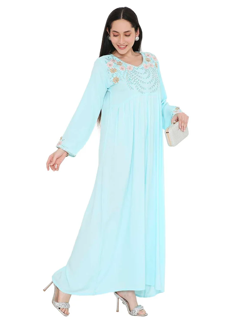 HANA & SARA SOLID BLUE COLOUR LONG VISCOSE EMBROIDERED MODEST ARABIC KAFTAN JALABIYA DRESSES