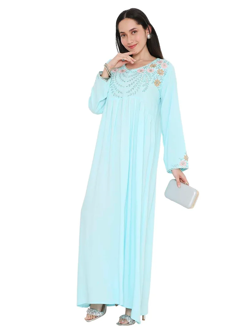 HANA & SARA SOLID BLUE COLOUR LONG VISCOSE EMBROIDERED MODEST ARABIC KAFTAN JALABIYA DRESSES