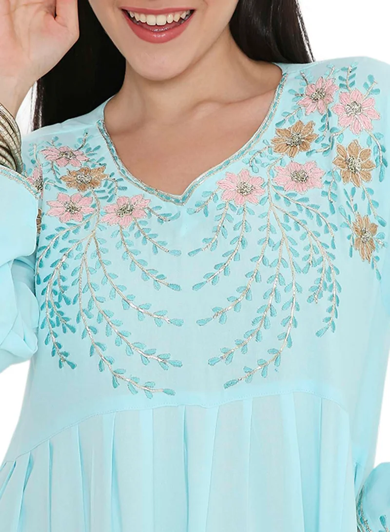 HANA & SARA SOLID BLUE COLOUR LONG VISCOSE EMBROIDERED MODEST ARABIC KAFTAN JALABIYA DRESSES