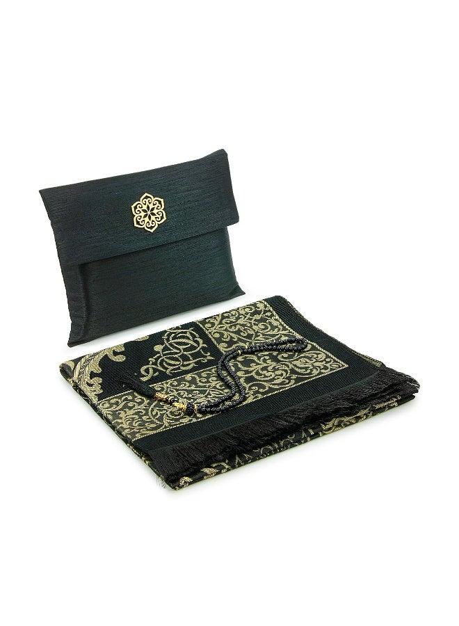 ihvan Online Muslim Prayer Rug and Beads with Portable Elegant Fabric Bag, Janamaz, Sajadah, Soft Islamic Prayers Rug, Islamic Gifts for Eid Ramadan, Travel Prayer Carpet Mat, Taffeta Fabric, Black - Image 1