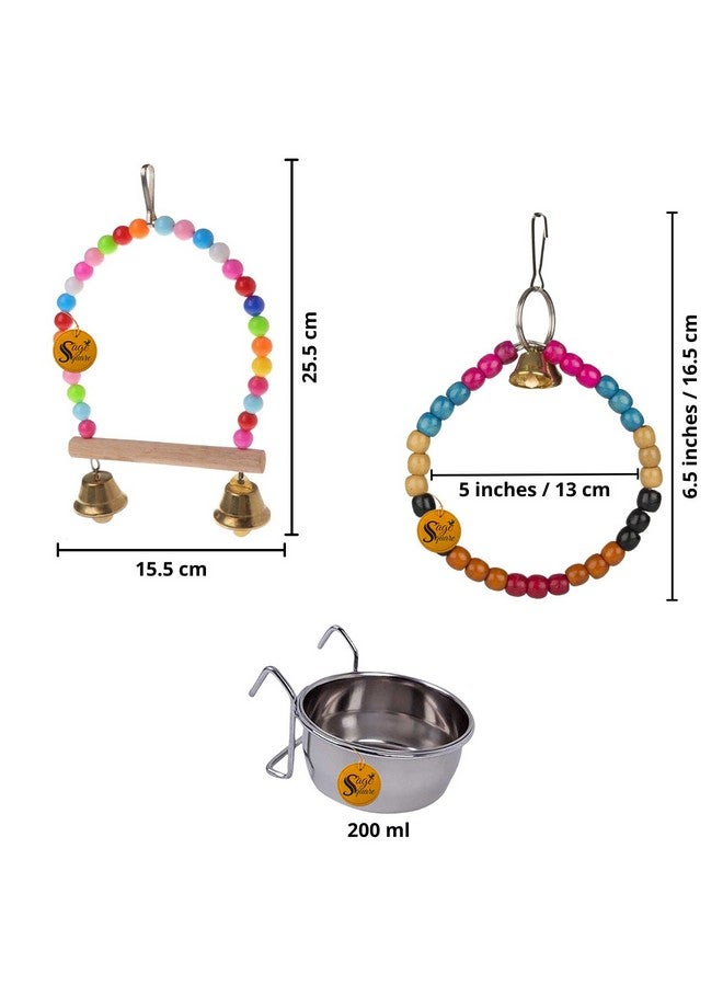 Sage Square Wooden Bird Toys Combo | Steel Bowl, Swing, Hanging Cage Toy | For Budgie, Cockatiel, Parakeet, Conure, Macaw, Parrot (Combo 24) - Image 2