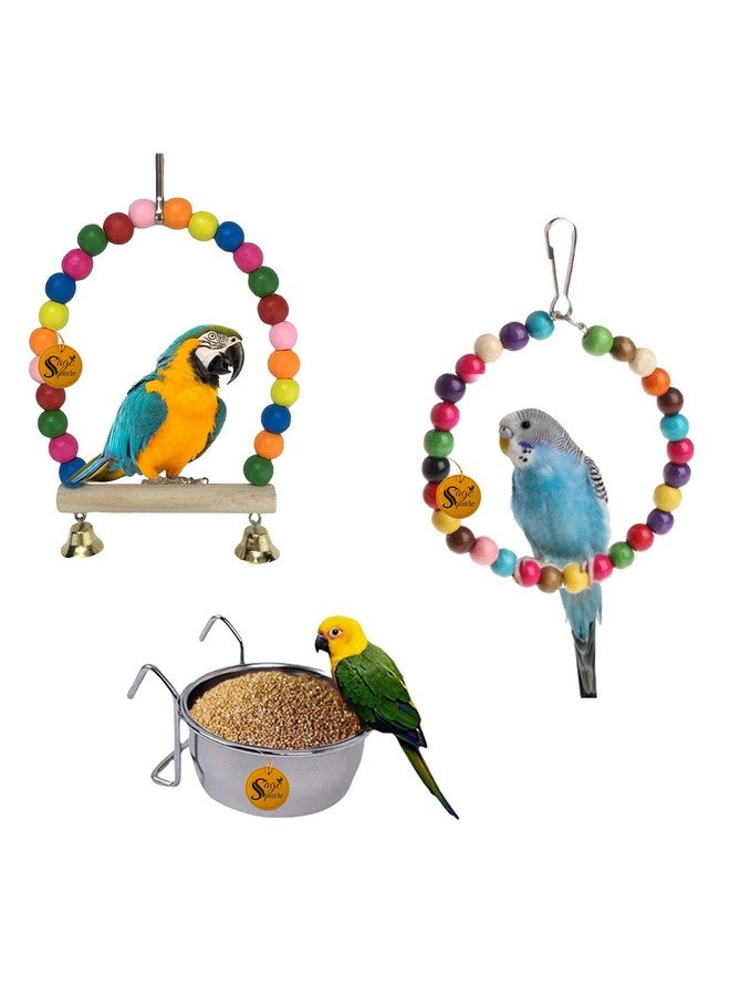 Sage Square Wooden Bird Toys Combo | Steel Bowl, Swing, Hanging Cage Toy | For Budgie, Cockatiel, Parakeet, Conure, Macaw, Parrot (Combo 24) - Image 1
