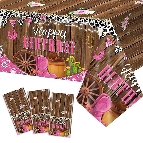 OBUSATT 3 Pcs Western Cowgirl Birthday Party Tablecloth 108 x 54 Inch Cowgirl Theme Tablecover Plastic Cowboy Rodeo Table Cloth West Theme Party Decoration and Supplies for Girl Birthday Baby Shower Party - Image 1