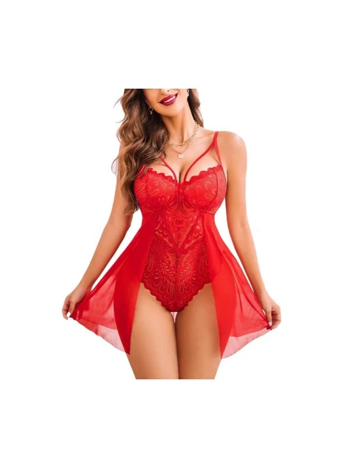 1-Piece Adjustable Straps Lace Nightgown,Slim Women Lingerie Dress,Nightwear Sleeping Dress,Ladies Home Dressing,Colour Red - Image 1