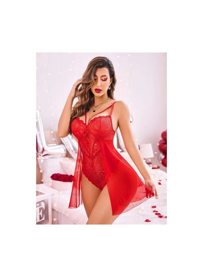 1-Piece Adjustable Straps Lace Nightgown,Slim Women Lingerie Dress,Nightwear Sleeping Dress,Ladies Home Dressing,Colour Red - Image 4