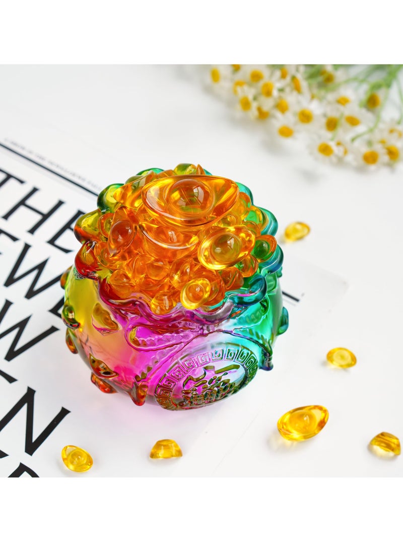 SOLARAE Treasure Basin, 4 Inch Colorful Crystal Treasure Basin with Golden Ingot/Yuan Bao Glass Wealth Money Bag Feng Shui Statue for Home Office Decor Housewarming Gift, Cornucopia - Image 3