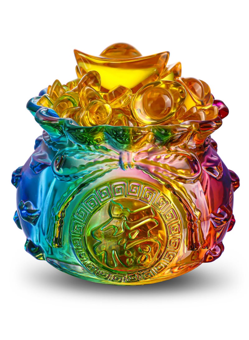 SOLARAE Treasure Basin, 4 Inch Colorful Crystal Treasure Basin with Golden Ingot/Yuan Bao Glass Wealth Money Bag Feng Shui Statue for Home Office Decor Housewarming Gift, Cornucopia - Image 1