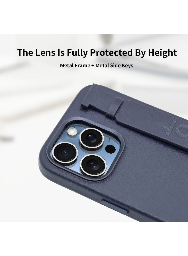 ALot Noble leather case for iPhone 15 Pro Navy Leather case with hand grip metal camera frame microfiber lining magnetic closure and premium PU finish for dependable grip - Image 5