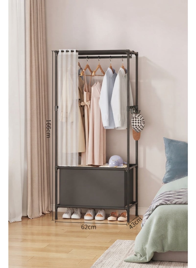 BLOOMING TIME Metal Coat Rack Freestanding With Curtain, Metal Clothes Rack with Anti-Slip Pads & Dustproof Cover, Portable Garment Organizer for Bedroom, Dorm（166x62x43cm, Black） - Image 5