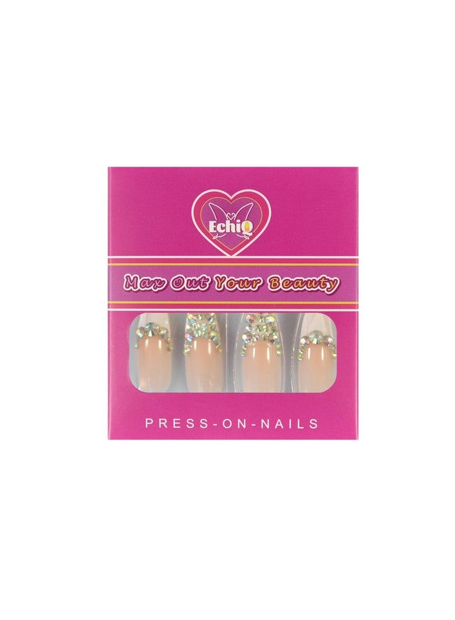 EchiQ Custom Press On Nails AB Crystal Pre-designed French Tip Stiletto Long White Nude Crafted Faux Ongles Kit 24 - Image 2