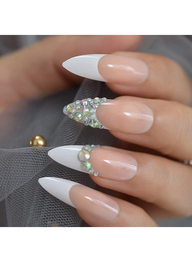 EchiQ Custom Press On Nails AB Crystal Pre-designed French Tip Stiletto Long White Nude Crafted Faux Ongles Kit 24 - Image 1